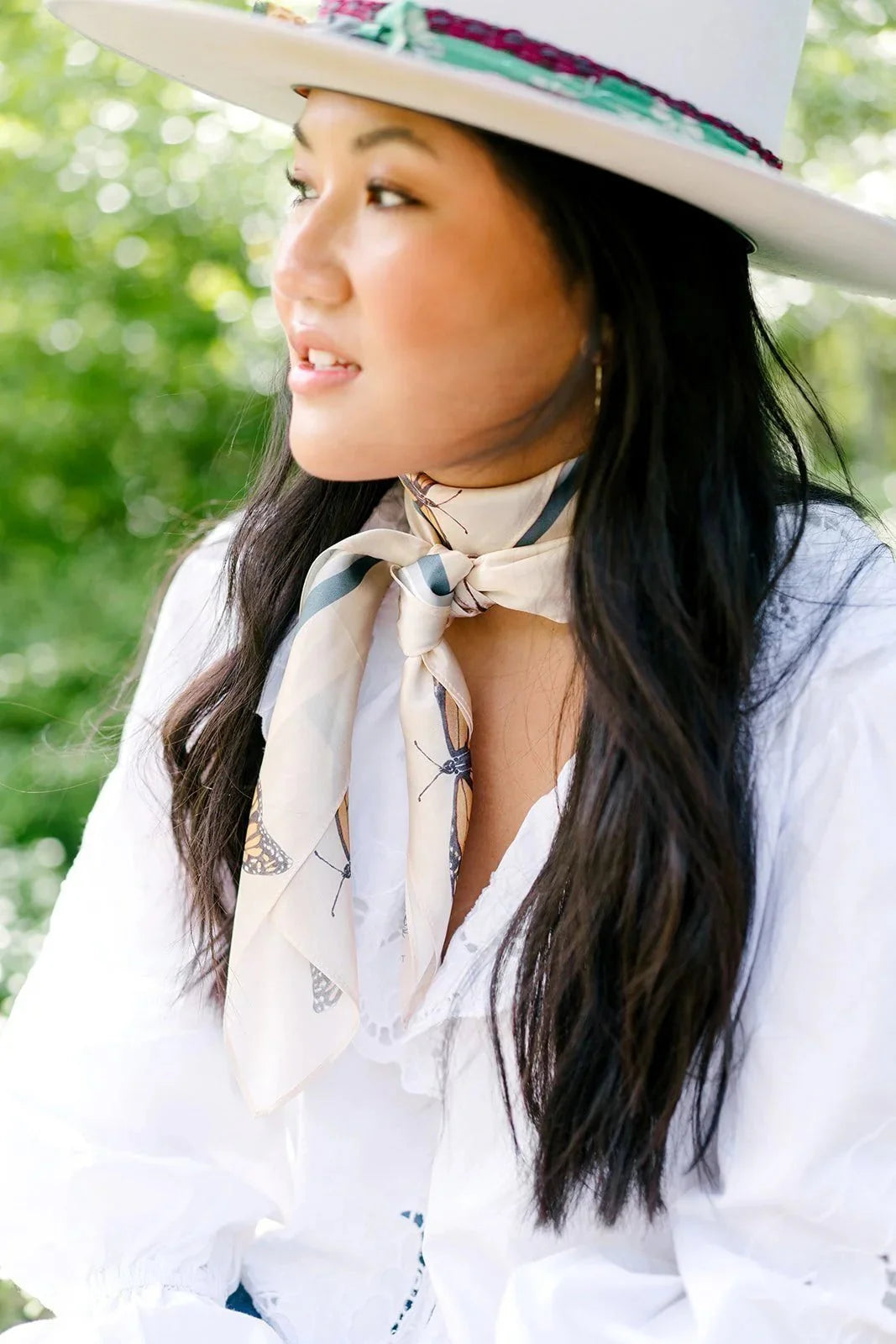 Catherine Cartie Neutral Butterfly Silk Scarf – 36” Luxury Hand-Painted Silk Scarf