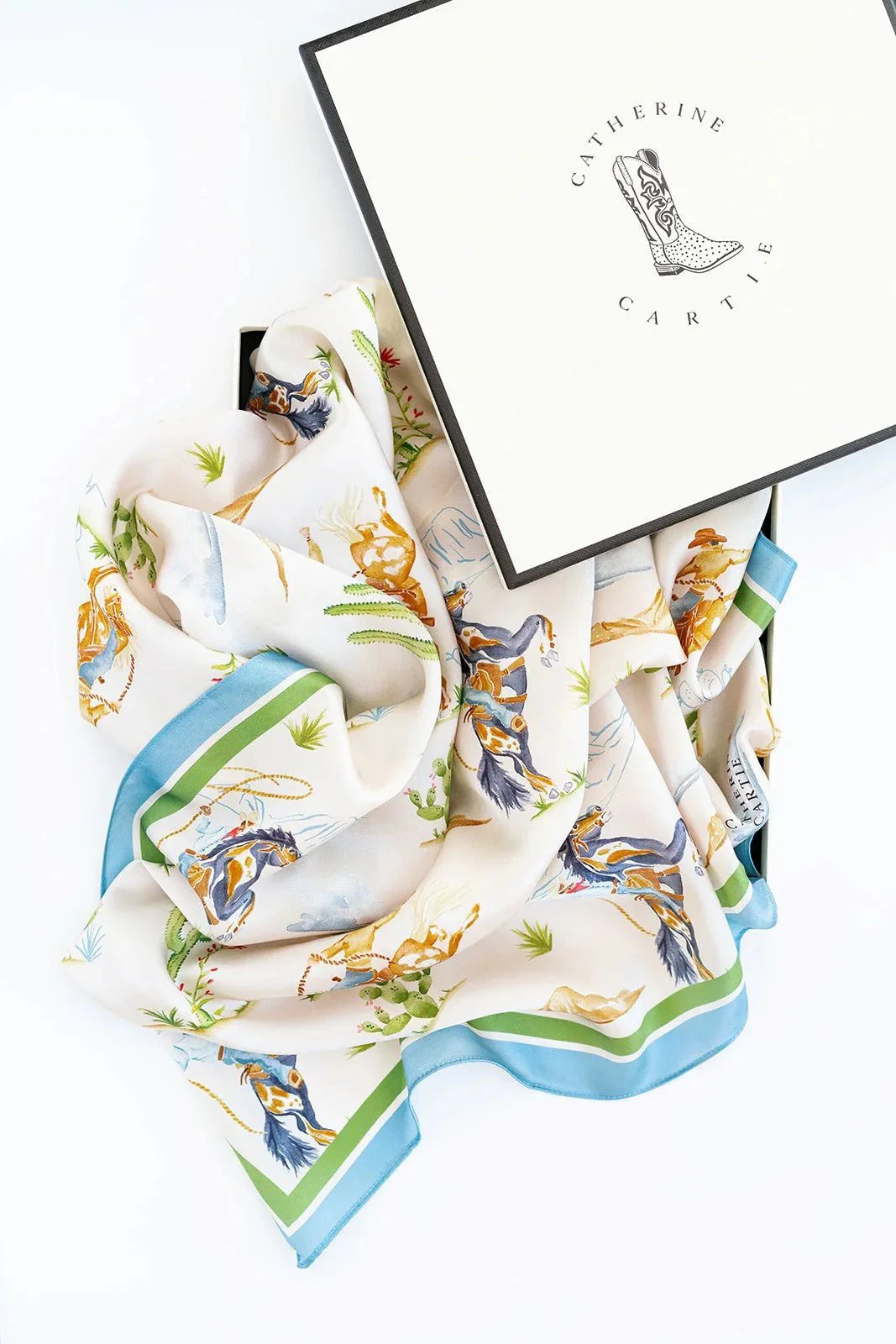 Catherine Cartie Rodeo Cowboy Scarf – 36” Luxury Hand-Painted Silk Scarf