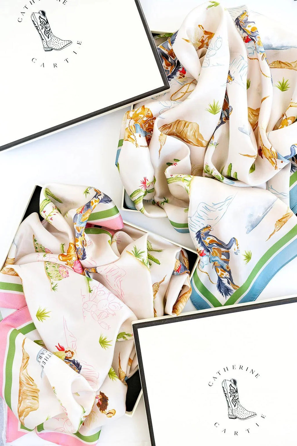 Catherine Cartie Rodeo Cowboy Scarf – 36” Luxury Hand-Painted Silk Scarf