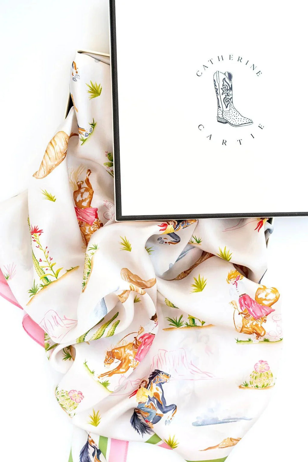 Catherine Cartie Rodeo Cowgirl Silk Scarf – 36” Luxury Hand-Painted Silk Scarf