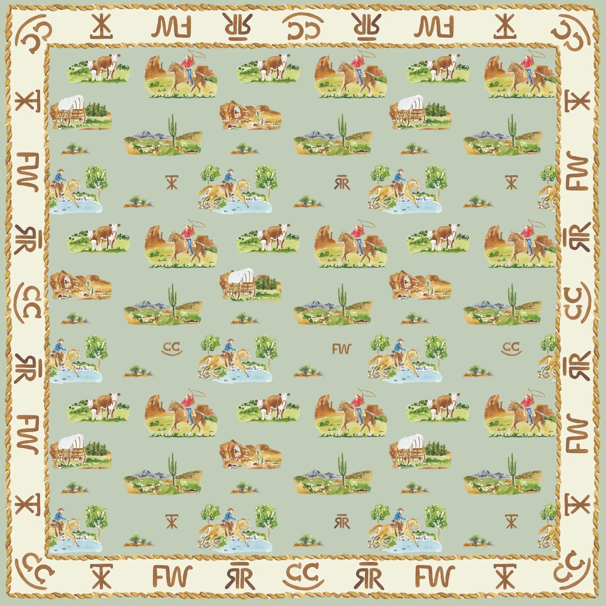 Catherine Cartie Western Toile Scarf – 36” Luxury Hand-Painted Silk Scarf