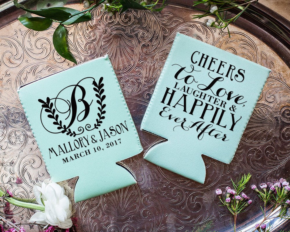 Cheers to Love Laughter and Happily Ever After Neoprene Wedding Can Coolers, #1072