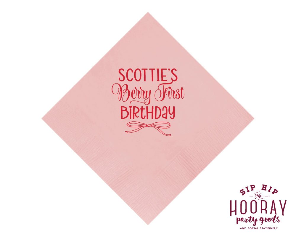 Custom Berry 1st Birthday Strawberry Beverage Napkins