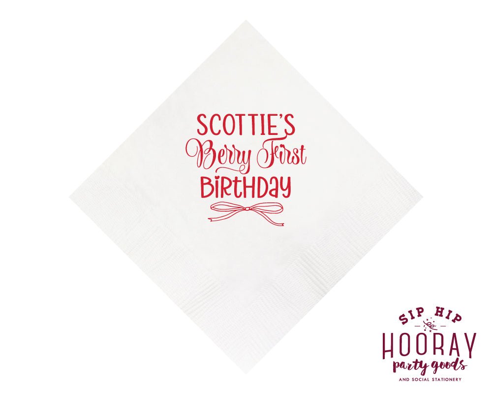 Custom Berry 1st Birthday Strawberry Beverage Napkins