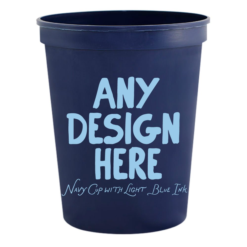 Custom Navy Stadium Cups with Light Blue Ink