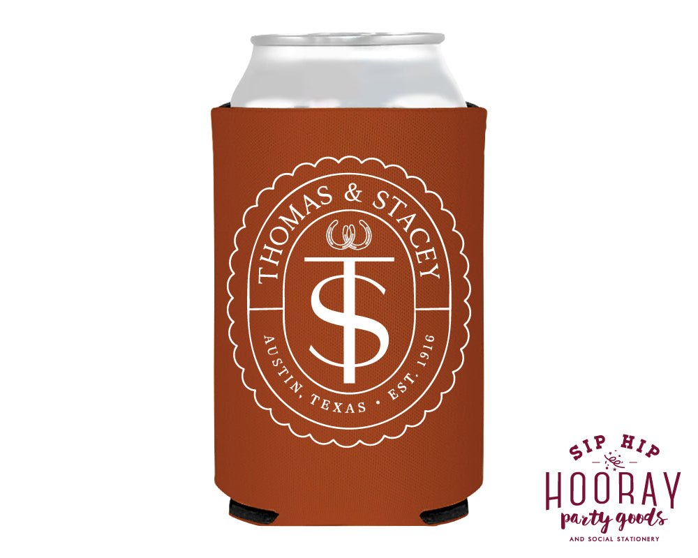 Custom Western Wedding Crest Foam Can Coolers