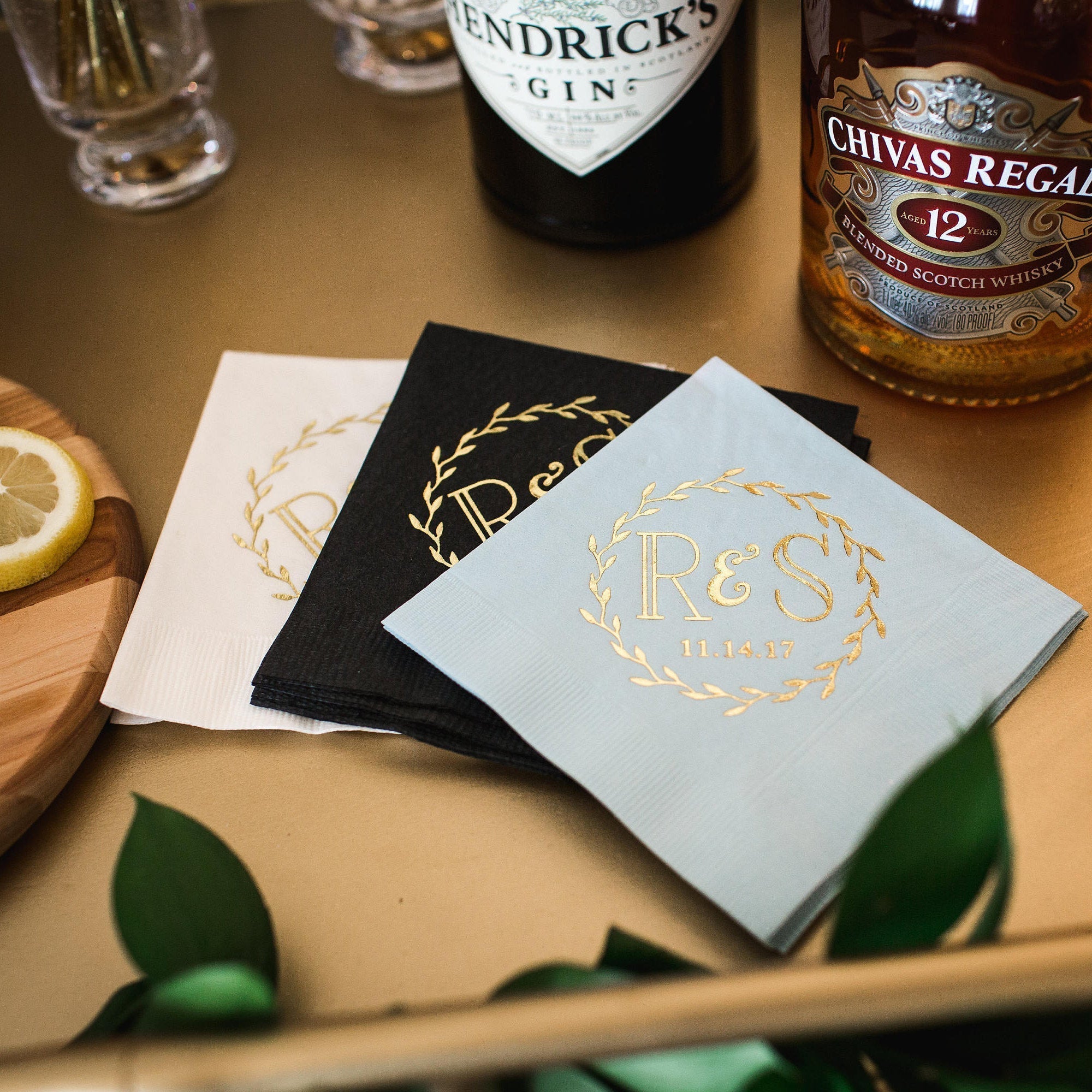 Custom Wreath Initials Beverage Napkin