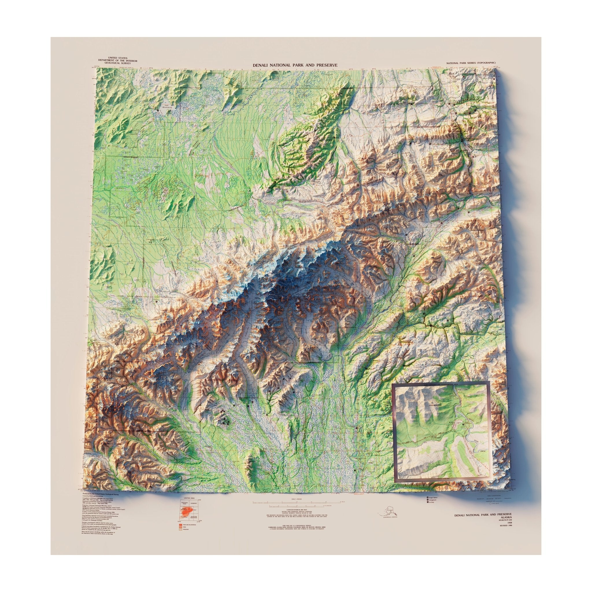 Denali National Park 1986 Shaded Relief Map - No Frame