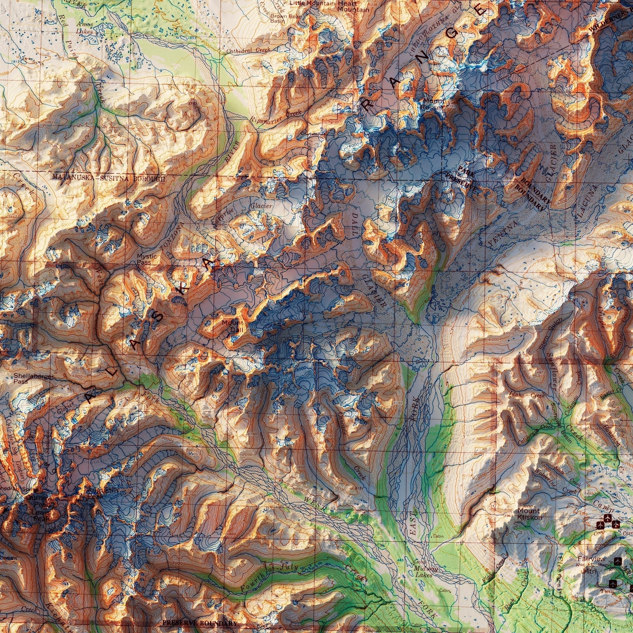 Denali National Park 1986 Shaded Relief Map - No Frame