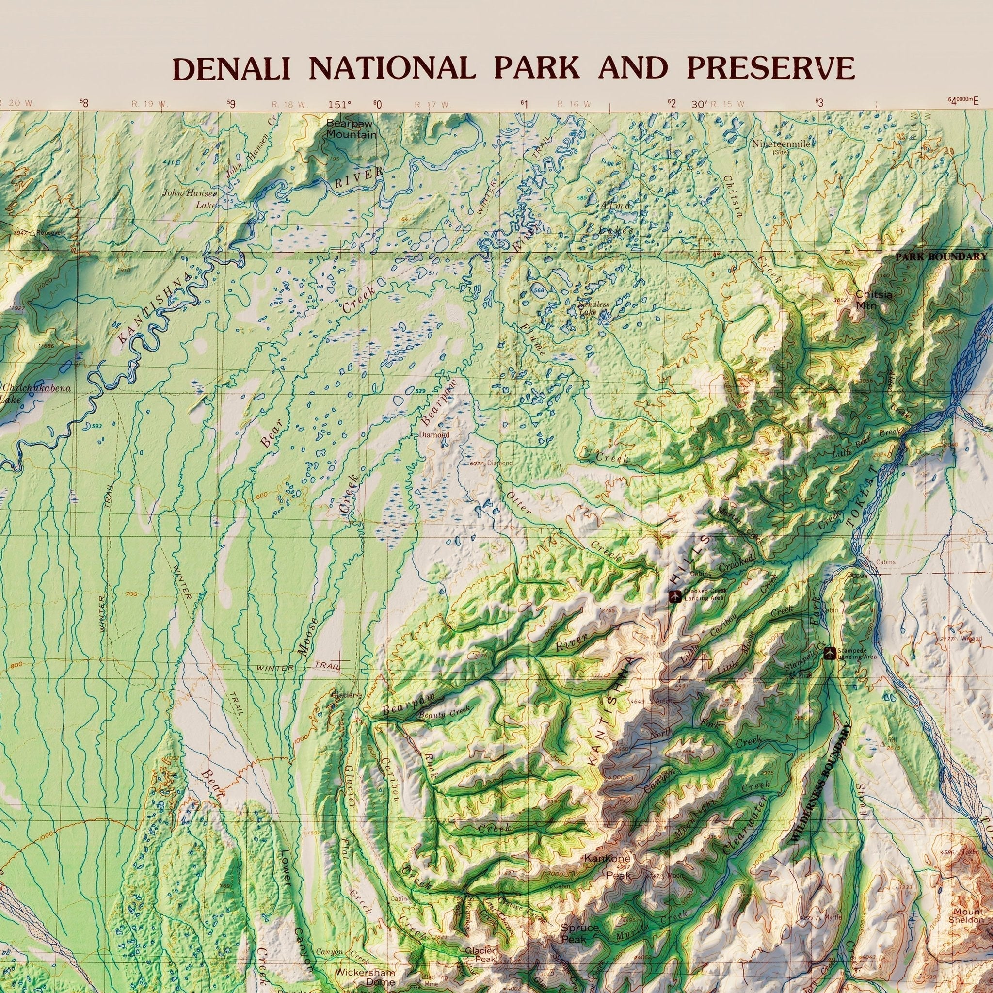 Denali National Park 1986 Shaded Relief Map - No Frame