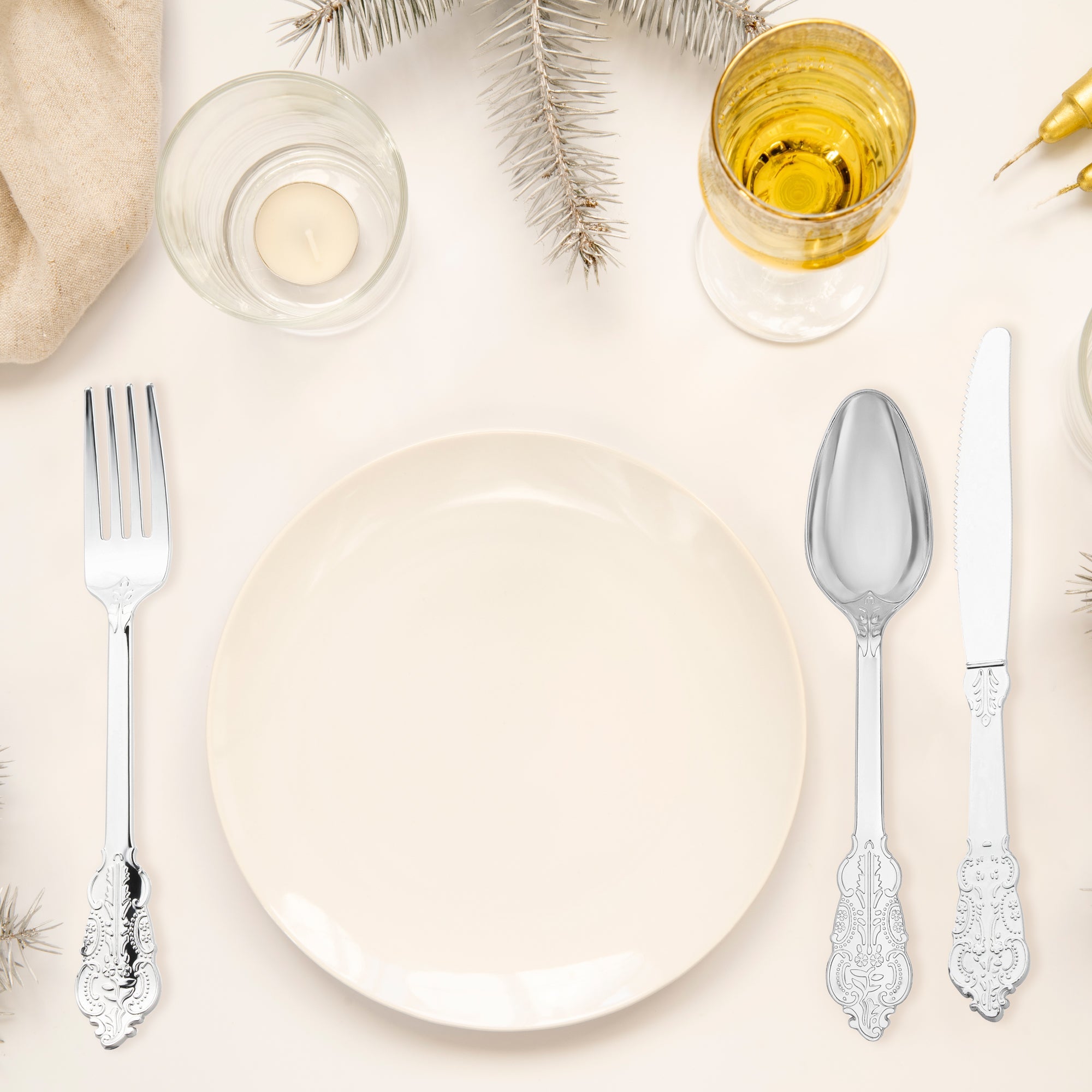 Shiny Metallic Silver Baroque Plastic Cutlery Set