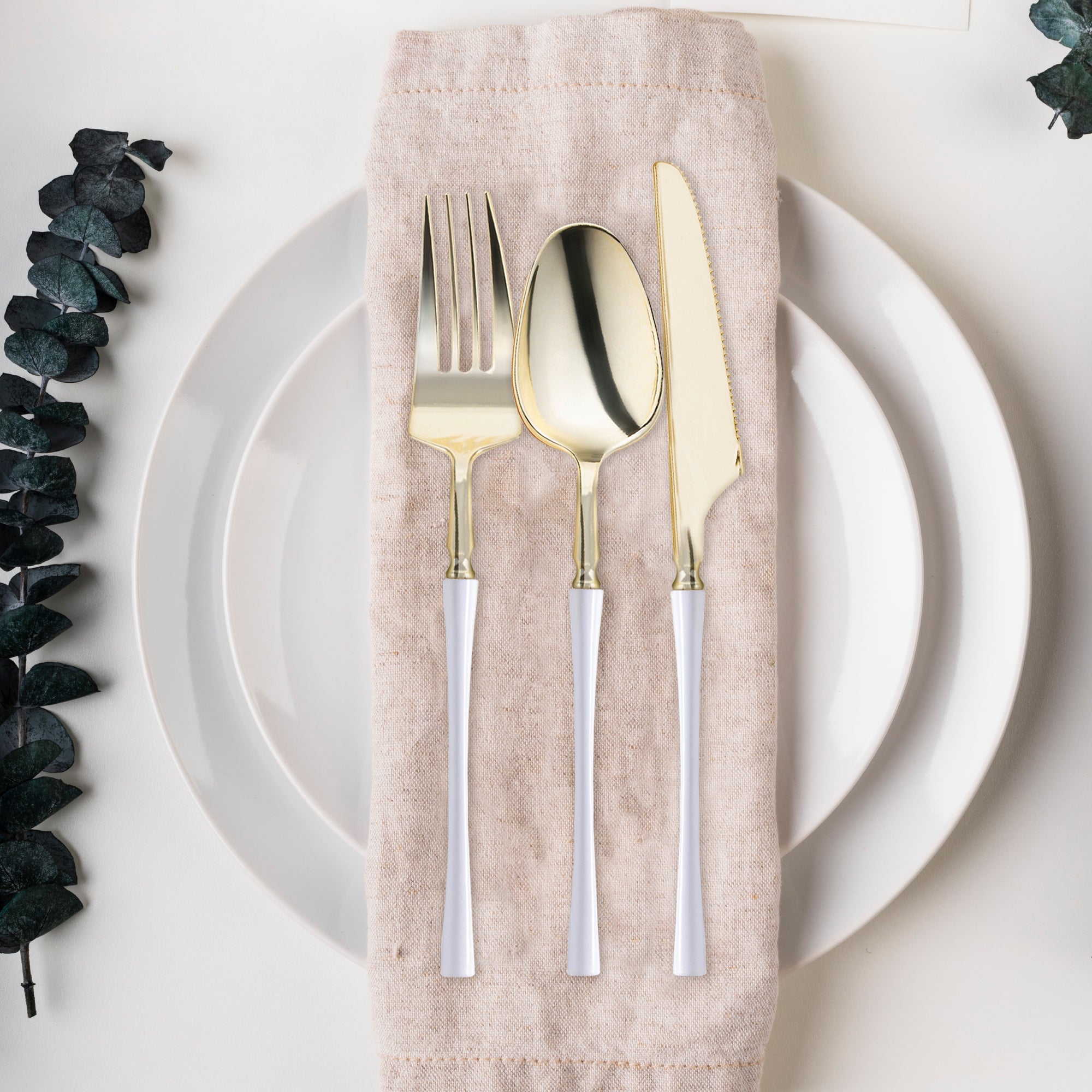 Gold with White Handle Moderno Disposable Plastic Cutlery Set - 20 Spoons, 20 Forks and 20 Knives