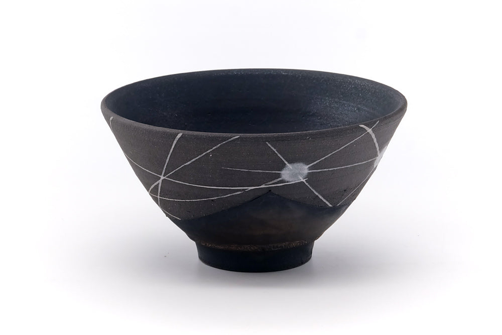 Japanese Matcha Bowl - Abstract Geometric Black Stoneware Chawan - 400ml