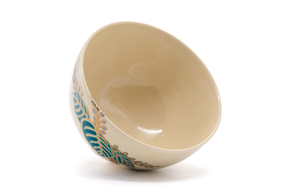 Japanese Matcha Bowl - Painted Leaves Kyo-yaki Chawan - 420ml