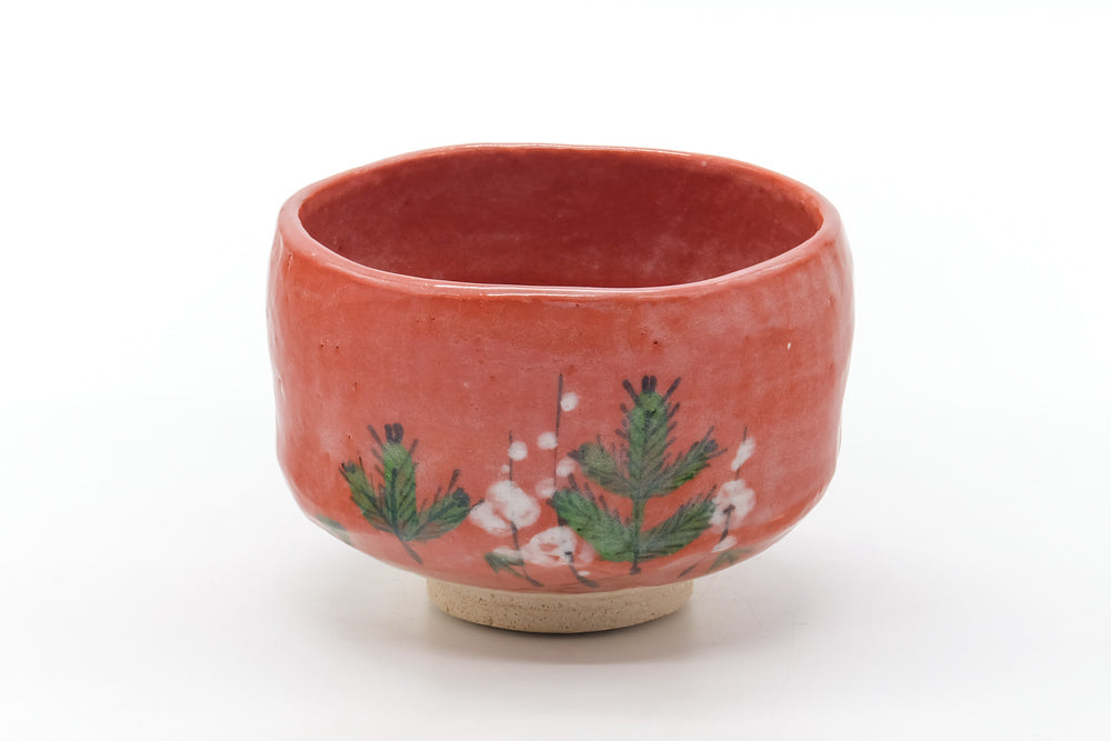 Japanese Matcha Bowl - Floral Red Raku-yaki Chawan - 400ml