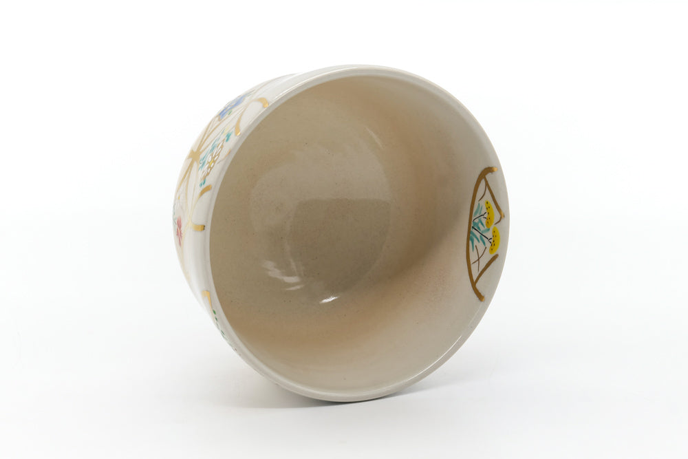 Japanese Matcha Bowl - Beige Gold Geometric Floral Kyo-yaki Chawan - 400ml