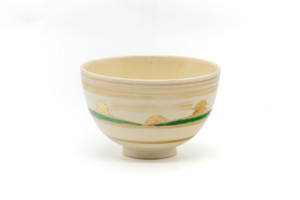 Japanese Matcha Bowl - Gold Green Landscape Kyo Chawan - 300ml