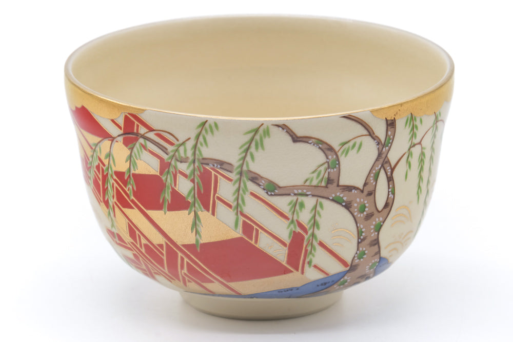 Japanese Matcha Bowl - Gold Red Bridge Kyo-yaki Chawan - 400ml