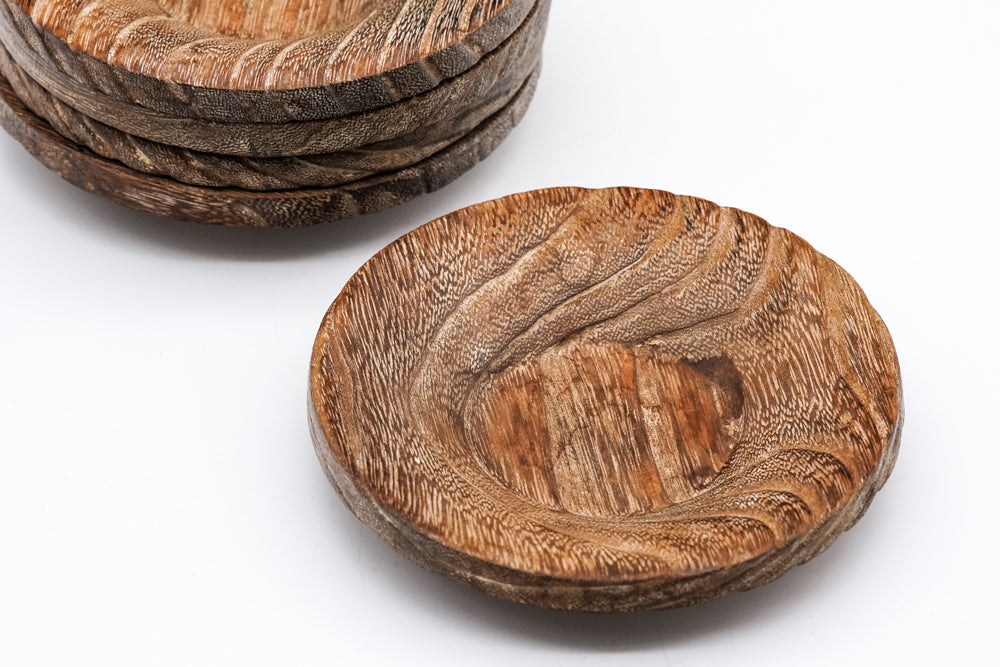 Japanese Chataku - Set of 5 Textured Wooden Tea Saucers