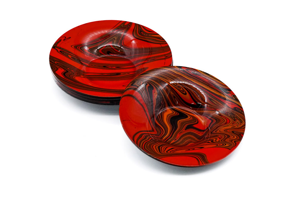 Japanese Chataku - Set of 5 Abstract Wavy Orange Black Tea Saucers