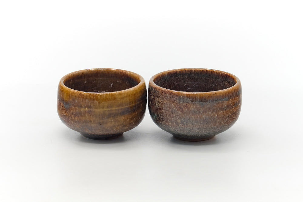 Japanese Teacups - Pair of Brown Blue Speckled Glaze Yunomi
