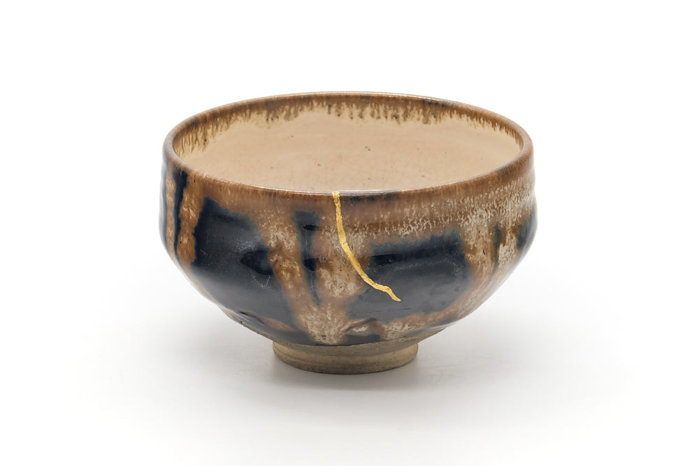 Japanese Matcha Bowl - Black Brown Drip-Glazed Kintsugi Chawan - 475ml