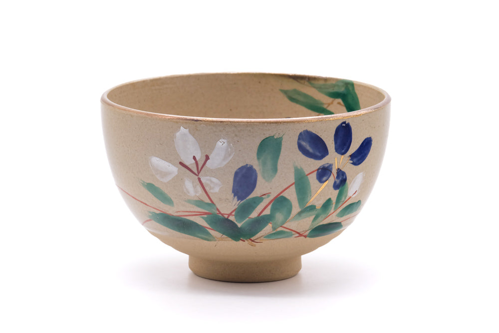 Japanese Matcha Bowl - Blue White Floral Gold Chawan - 440ml