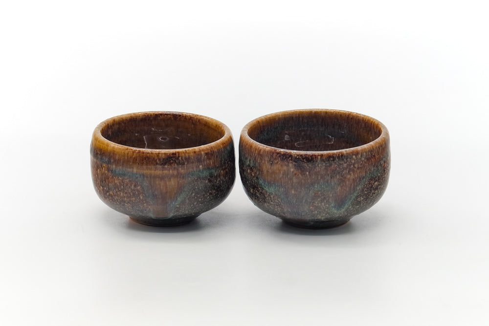 Japanese Teacups - Pair of Brown Blue Speckled Glaze Yunomi