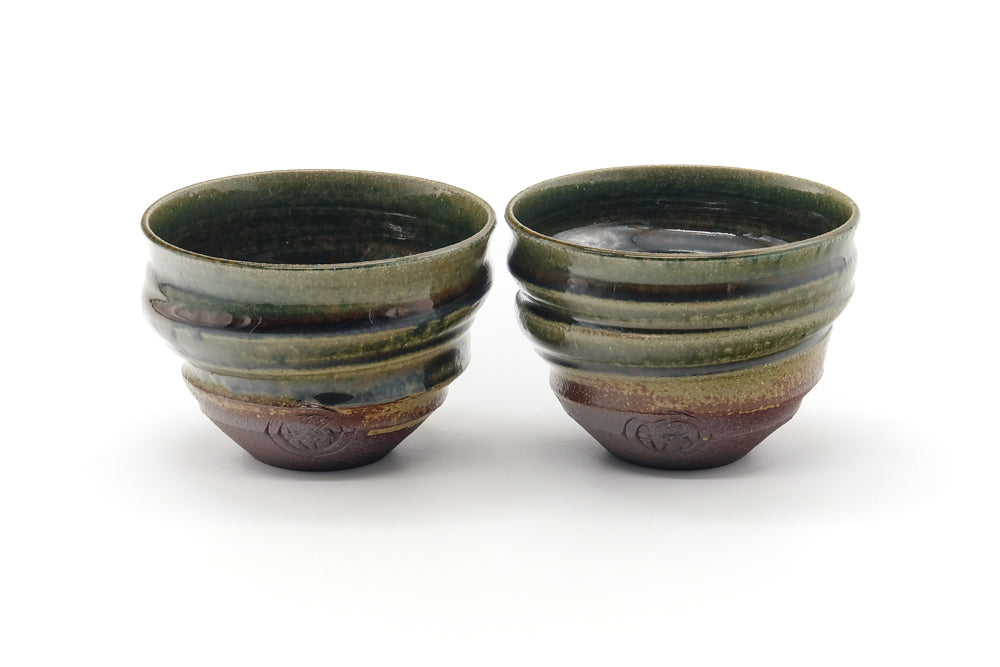 Japanese Teacups - Pair of Ash Green Glazed Spiraling Yunomi