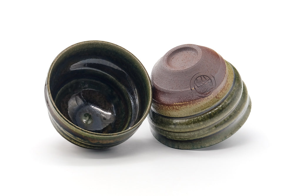 Japanese Teacups - Pair of Ash Green Glazed Spiraling Yunomi