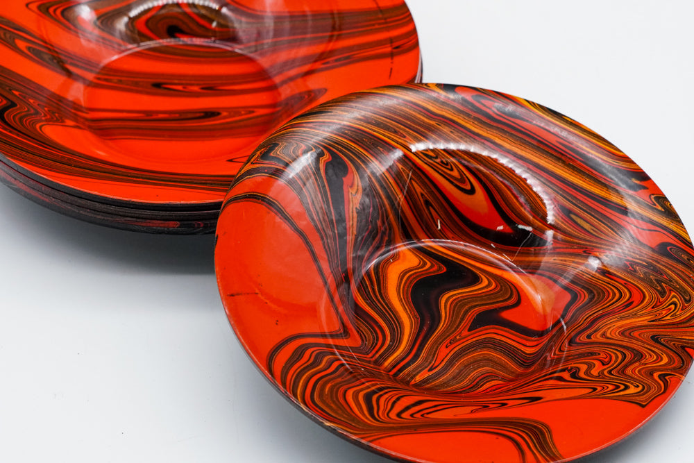 Japanese Chataku - Set of 5 Abstract Wavy Orange Black Tea Saucers