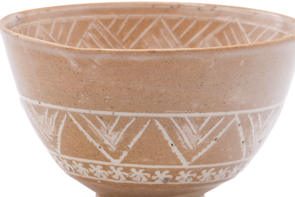 Japanese Matcha Bowl - Beige Geometric Mishima Chawan - 330ml