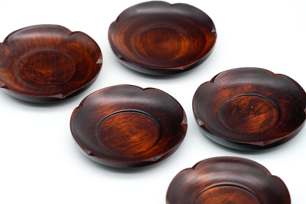 Japanese Chataku - Set of 5 Carved Floral Wooden Tea Saucers