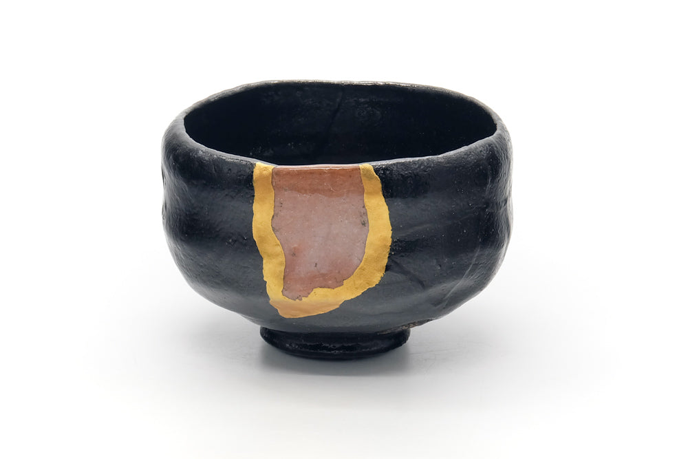 Japanese Matcha Bowl - Black Red Raku-yaki Kintsugi Chawan - 450ml