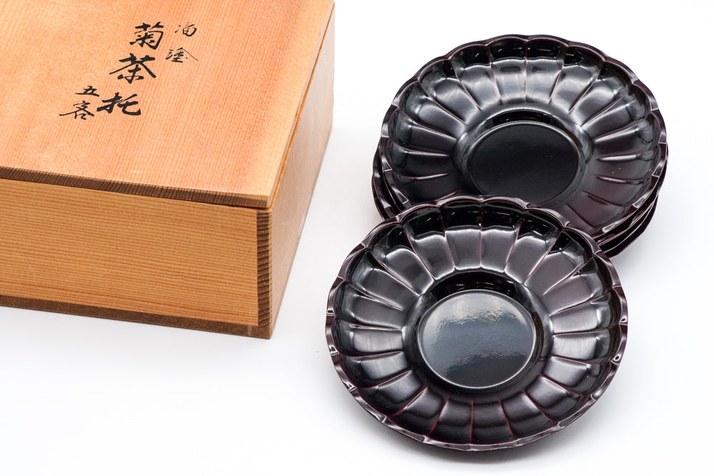 Japanese Chataku - Set of 5 Flower Petal Lacquer Tea Saucers