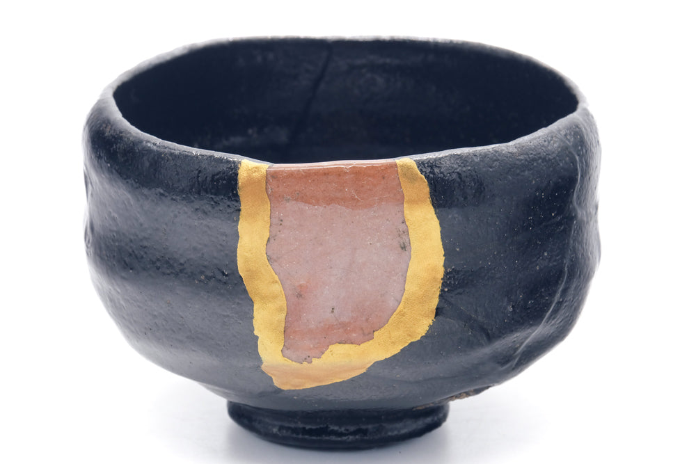 Japanese Matcha Bowl - Black Red Raku-yaki Kintsugi Chawan - 450ml