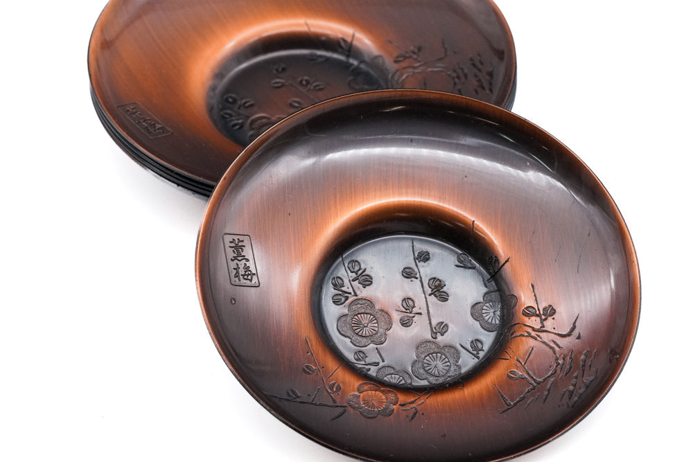 Japanese Chataku - Set of 5 Plum Blossom Copper Tea Saucers