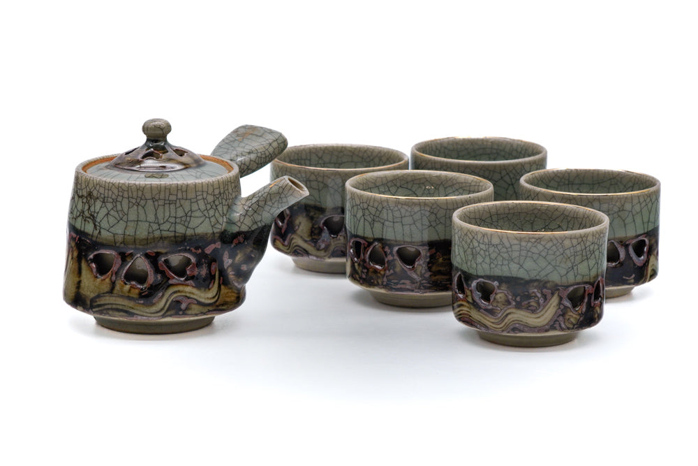 Japanese Tea Set - Obori Soma-yaki Kyusu and 5 Yunomi