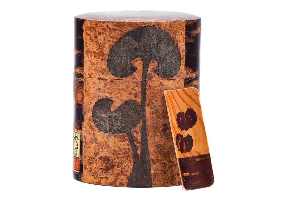 Japanese Chazutsu - Kabazaiku Fuki Leaves Cherry Bark Veneered Tea Canister with Scoop
