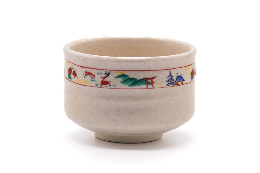Japanese Matcha Bowl - 赤膚山 Akiyama Kiln - Decorated Akahada-yaki Chawan - 490ml