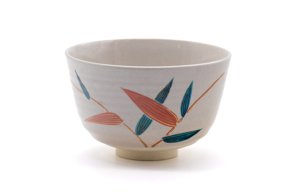 Japanese Matcha Bowl - Green Red Leaves Kyo-yaki Chawan - 400ml