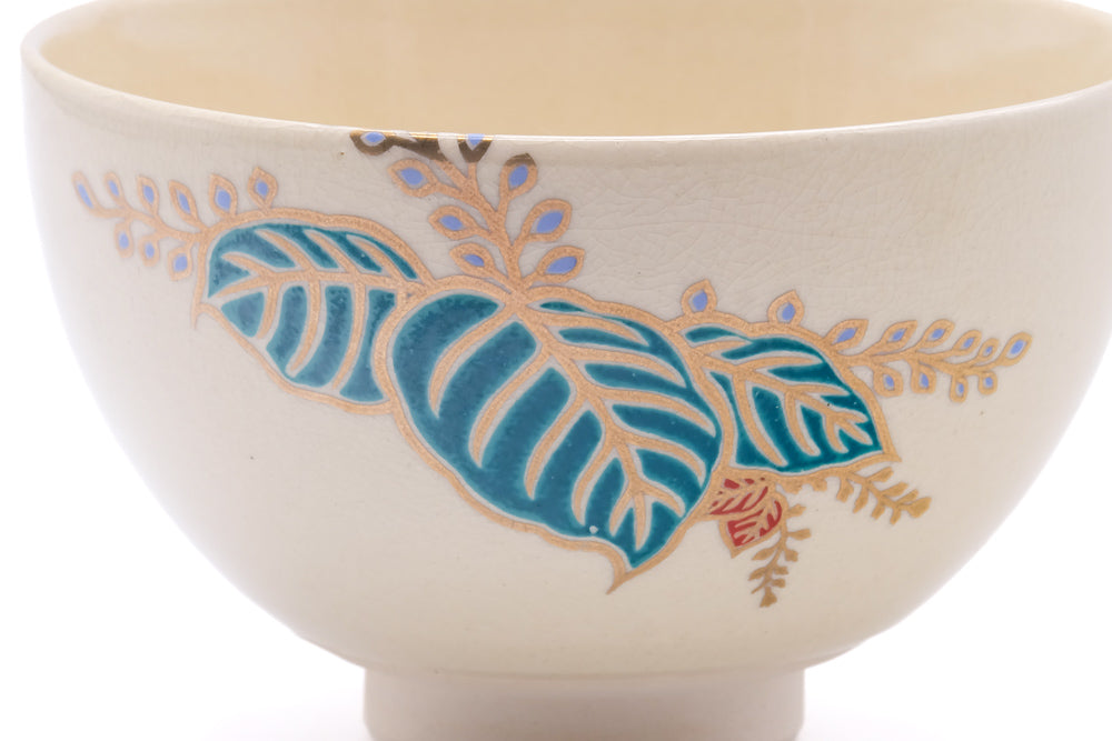 Japanese Matcha Bowl - Painted Leaves Kyo-yaki Chawan - 420ml
