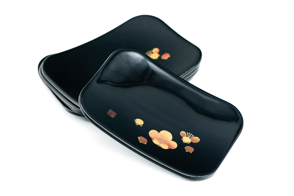 Japanese Meimeizara - Set of 5 Floral Black Lacquer Sharing Plates