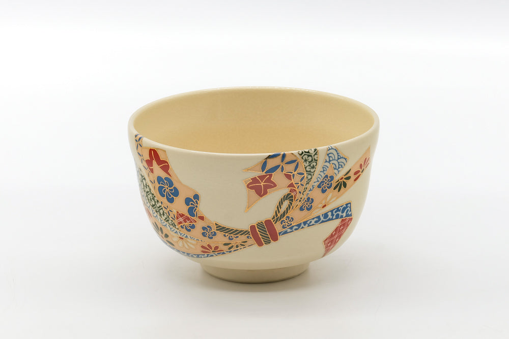 Japanese Matcha Bowl - Colourful Floral Geometric Motif Kyo-yaki Chawan - 400ml