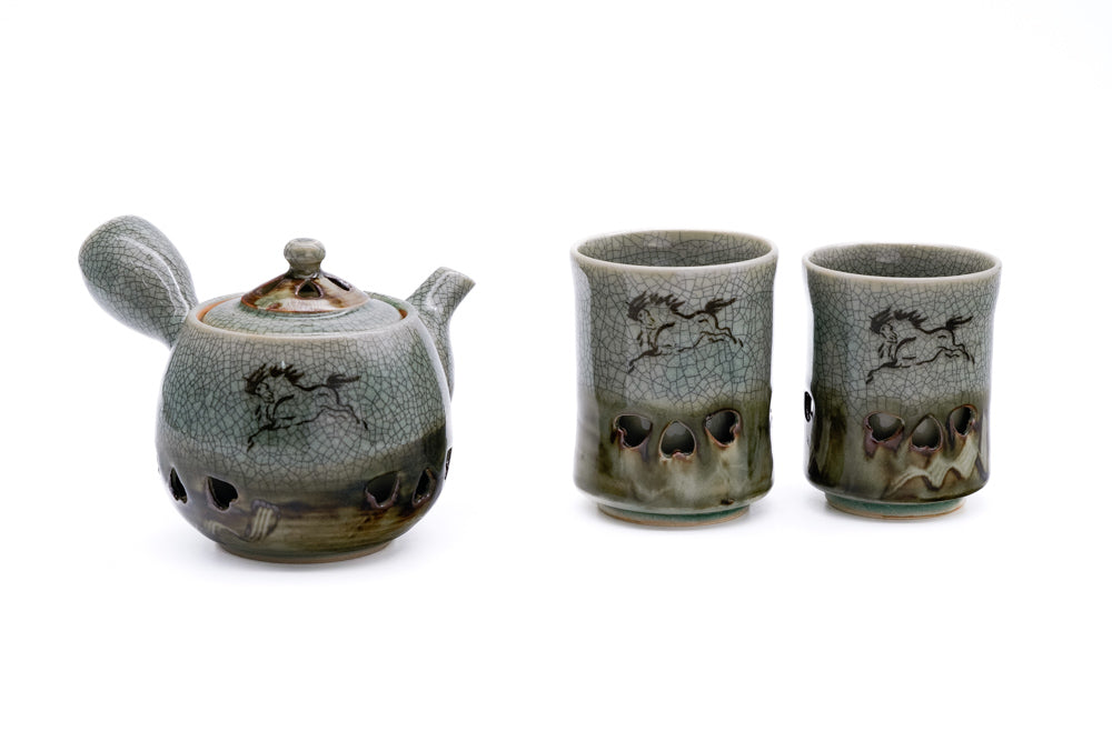 Double-walled Obori Soma-yaki Celadon Tea Set