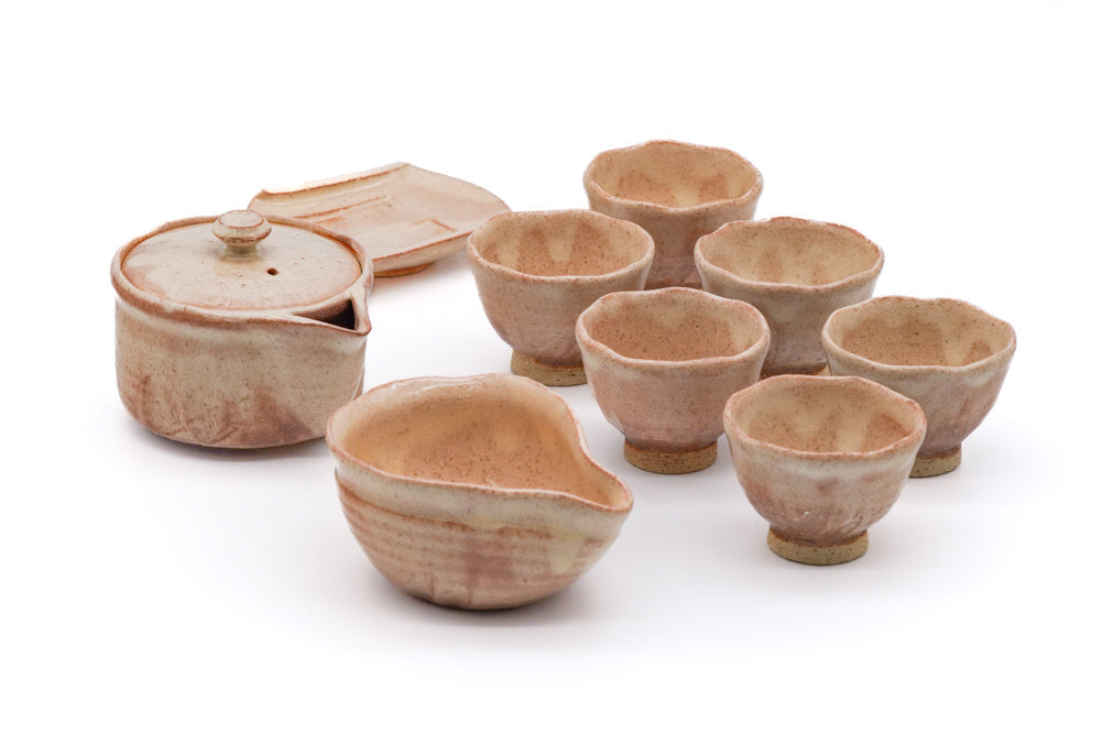 Japanese Tea Set - Hagi Hohin, Yuzamashi, and 6 Yunomi