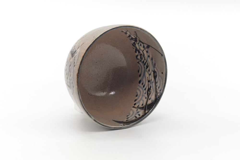 Japanese Matcha Bowl - Grey Black Egret Seigaiha Chawan - 400ml