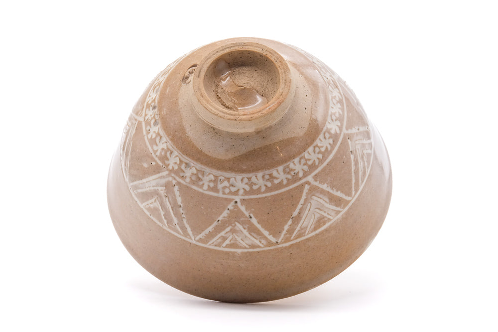 Japanese Matcha Bowl - Beige Geometric Mishima Chawan - 330ml