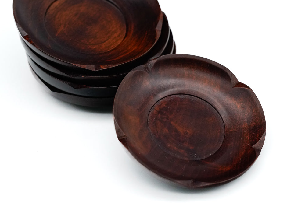 Japanese Chataku - Set of 5 Carved Floral Wooden Tea Saucers
