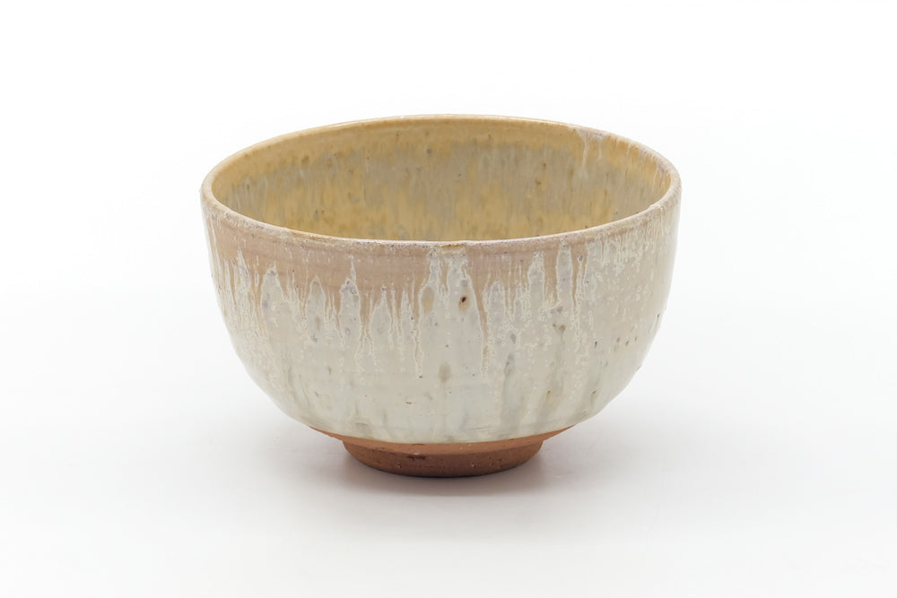 Japanese Matcha Bowl - White Yellow Drip-Glazed Wan-nari Chawan - 400ml